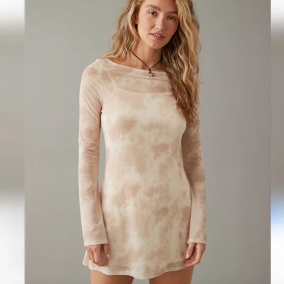 American Eagle Mesh Retro Lined Bell Sleeves Boho Tie Dye Mini Dress Size Small - Picture 1 of 5